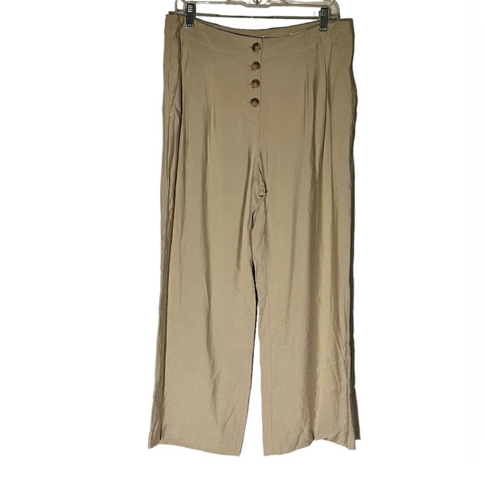 LOFT Leg Pants Size 8 Tan Button Front High Rise Wide Leg